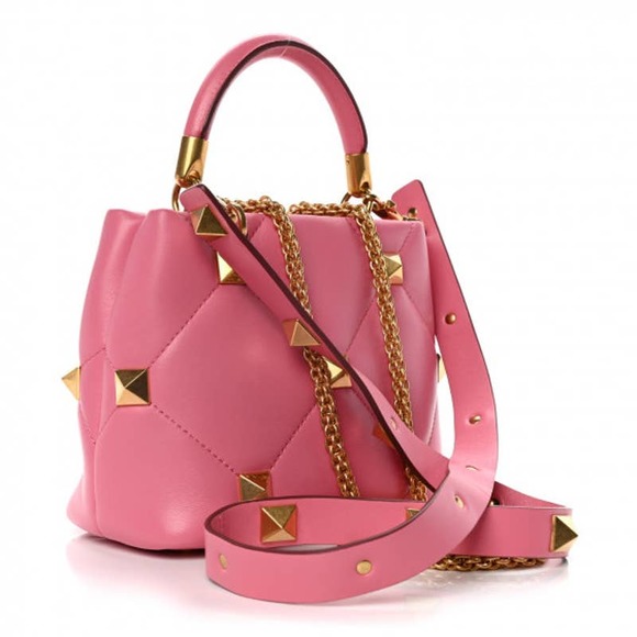 VALENTINO GARAVANI NAPPA SMALL ROMAN STUD THE HANDLE BAG FLAMINGO PINK - Picture 2 of 14